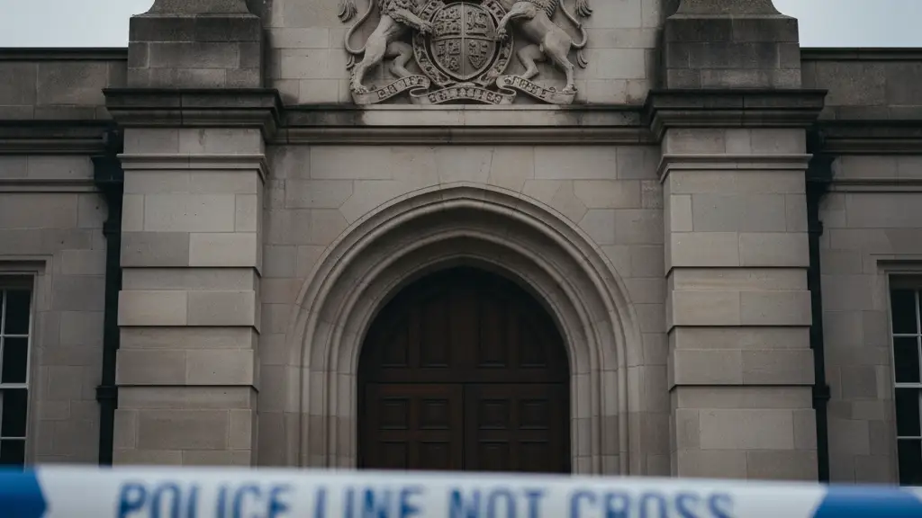 The stone exterior of a British Crown Court with yellow police tape in the foreground.
