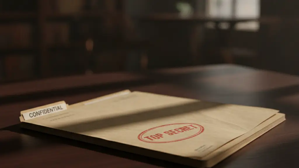 Confidential file folder on a dark desk, dramatic lighting.