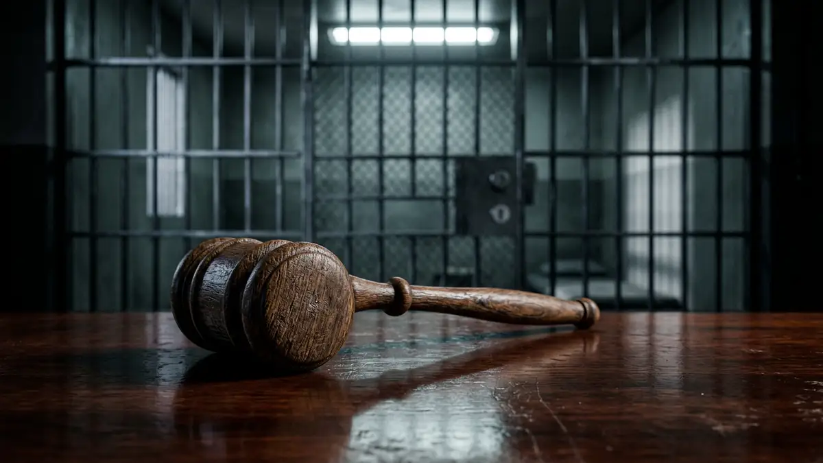 A wooden gavel on a courtroom desk with blurred prison bars in the background.