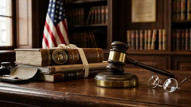 A gavel, legal documents, and spectacles on a wooden desk with a blurred American flag.