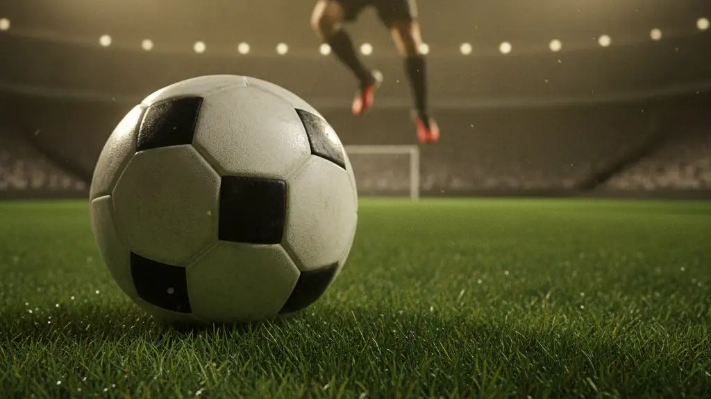 Football resting on green grass, blurred player silhouette celebrating in background.