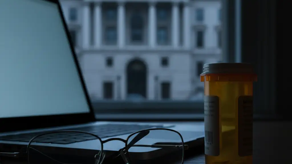 A laptop, reading glasses, and a medicine bottle on a desk near a courthouse window.