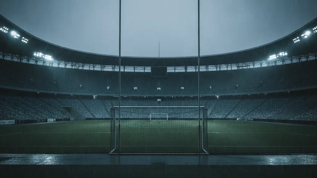Empty football goalpost in a stadium at dusk, Helsinki Olympic Stadium in background.