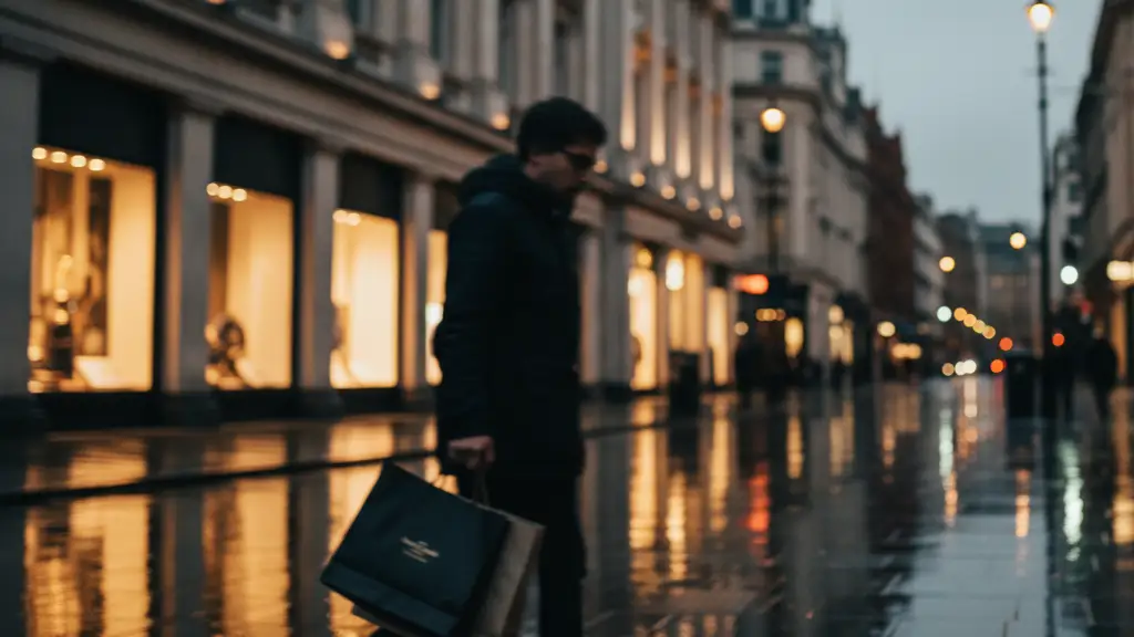 A blurred shopper with bags walks past glowing storefronts and a stone financial building.