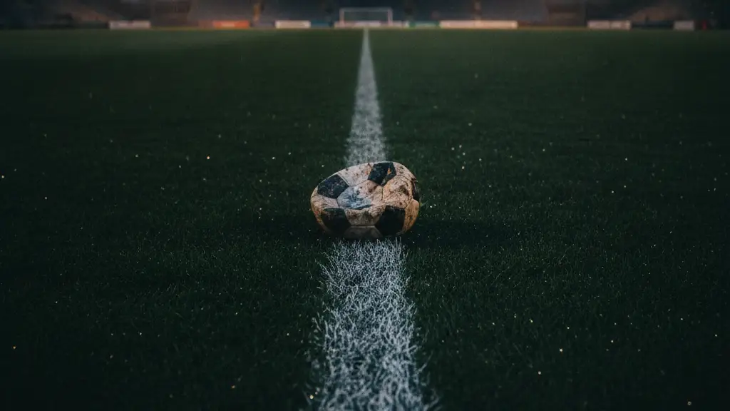 A lone, deflated football on a soccer pitch at dusk.