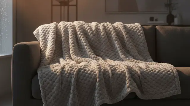 Luxurious bubble flannel throw draped over a high-end sofa, dramatic lighting.