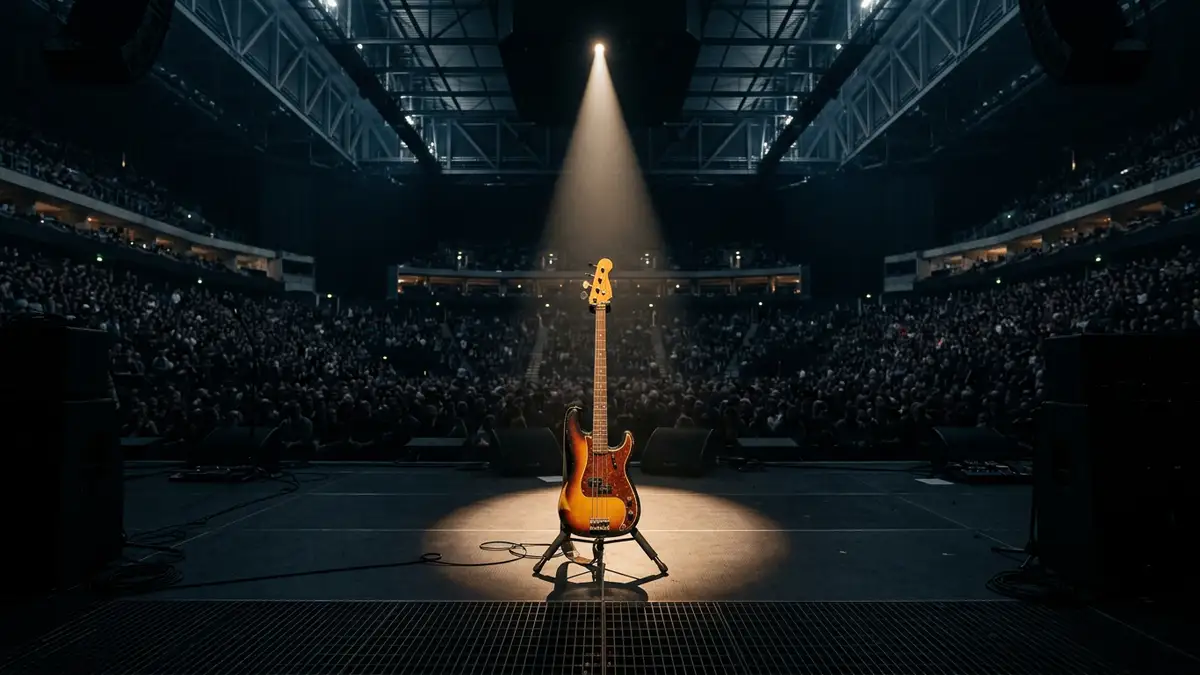 A single bass guitar stands alone in a spotlight on a dark arena stage.