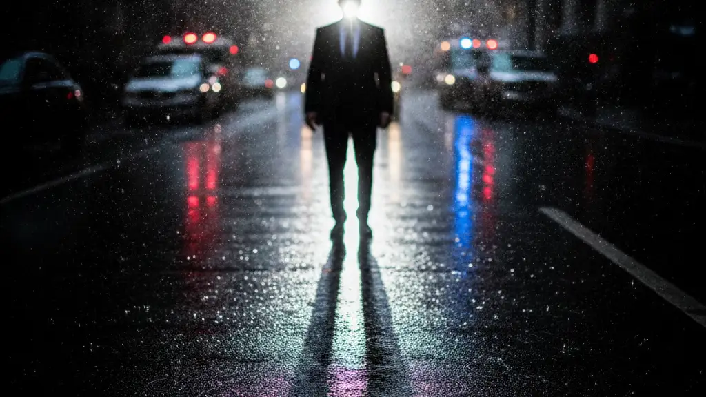 Blurred silhouette of a figure against camera flash, emergency lights reflecting on wet street.