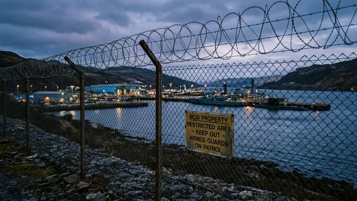 A high-security naval base perimeter fence with razor wire at dusk near dark water.