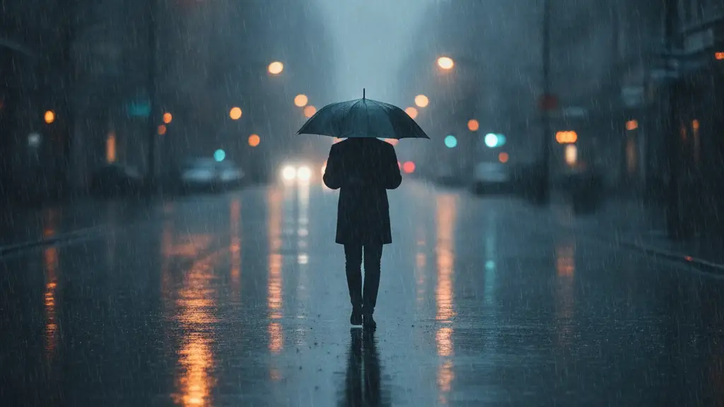 A person with an umbrella walks down a rain-slicked street at dusk.