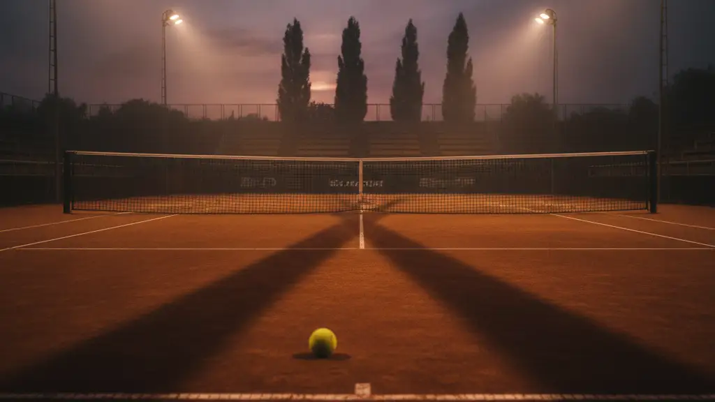 Empty tennis court at dusk with subtle haze and dramatic shadows.