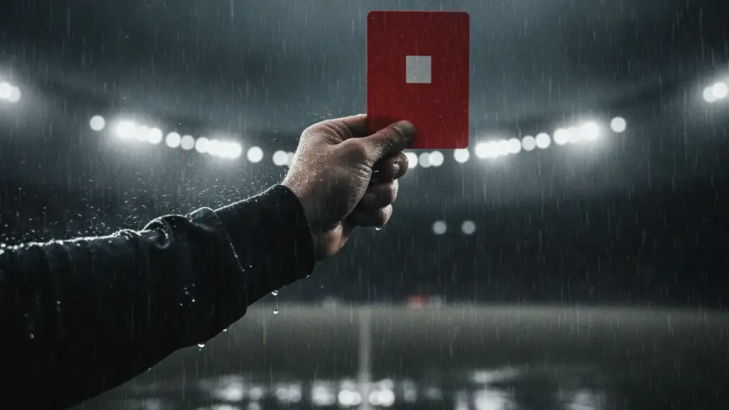 Referee's hand holding a red card, blurred stadium lights in background.