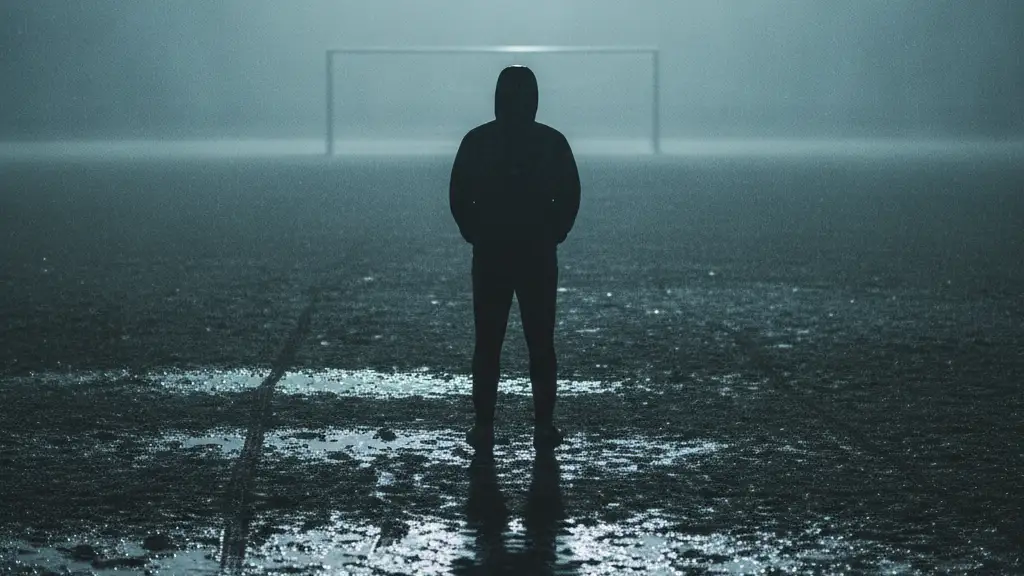 Silhouetted football coach on a misty, rain-slicked pitch at dawn.