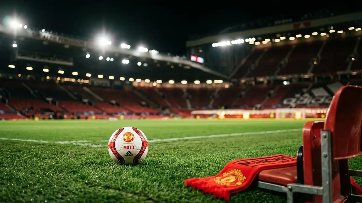 Football on stadium grass with blurred lights, red scarf on empty seat.