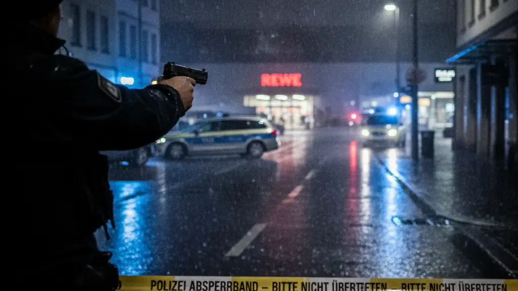 Police tape across a wet street reflecting emergency lights outside a supermarket.