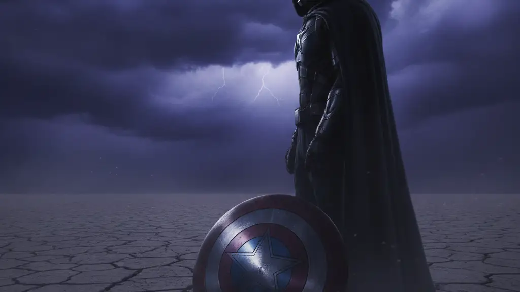 Silhouette of Doctor Doom with Captain America's shield on a desolate landscape.