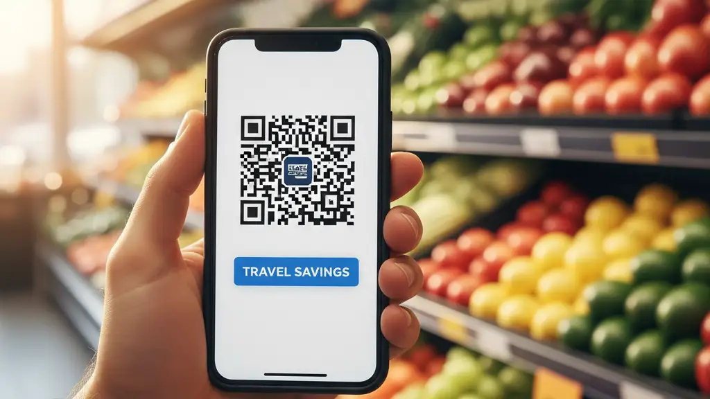 A person holding a smartphone displaying a digital loyalty card in a grocery store aisle.