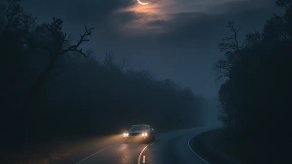 Car headlights on a dark road under a partially eclipsed, moody sky.
