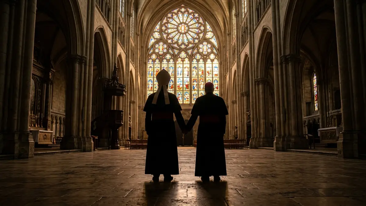 Two robed figures in silhouette, backs to viewer, before a grand stained-glass window.