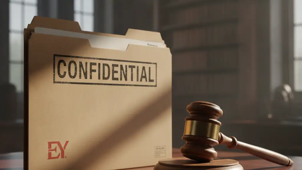 Confidential file and gavel on a mahogany desk, dramatic lighting.