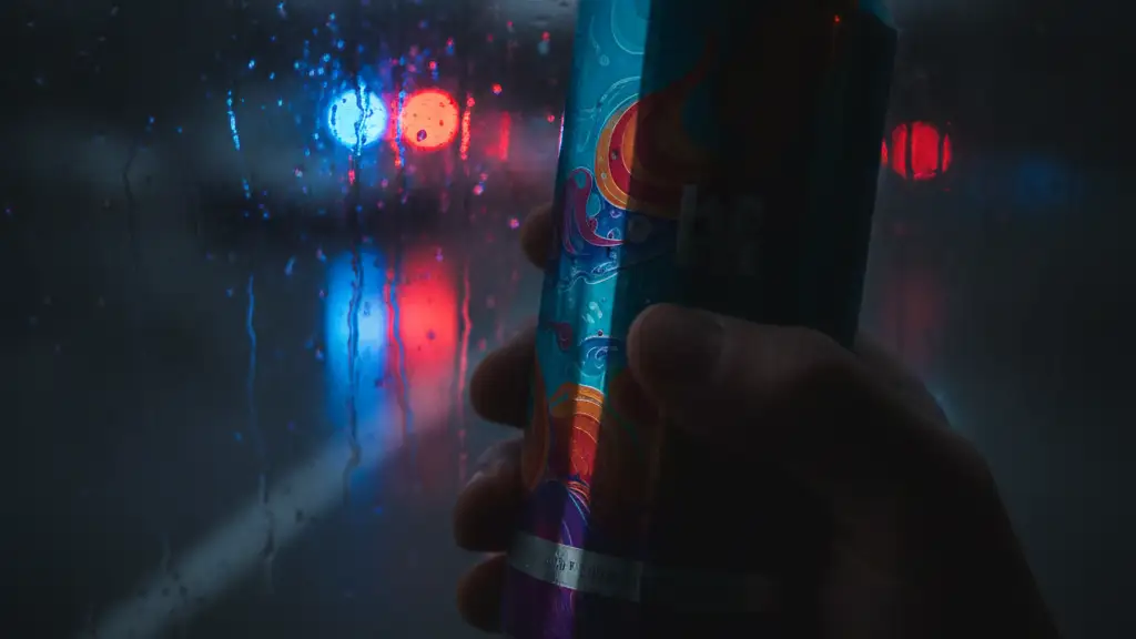 Silhouetted hand holding a blurred energy drink can against a rain-streaked window.