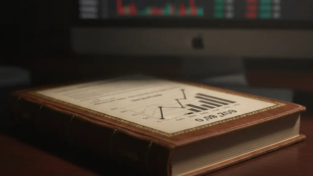Close-up of a financial ledger with upward graphs on a mahogany desk.
