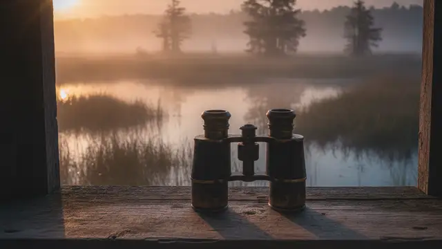 A pair of vintage binoculars rests on a wooden ledge at sunrise.