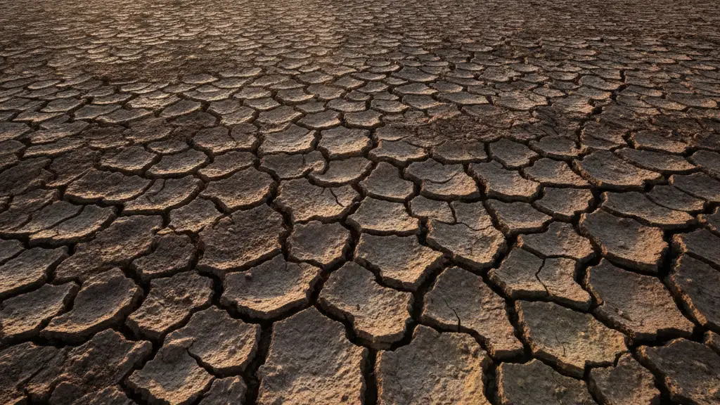Close-up of parched, cracked earth with a shimmering heat haze in the distance.