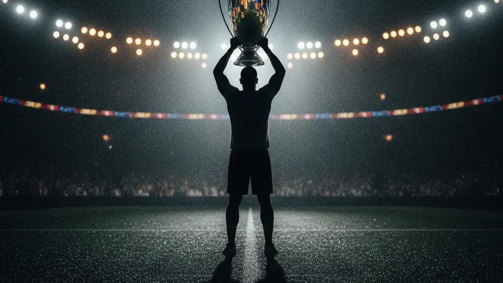 Silhouetted football player holding a trophy against blurred stadium lights.