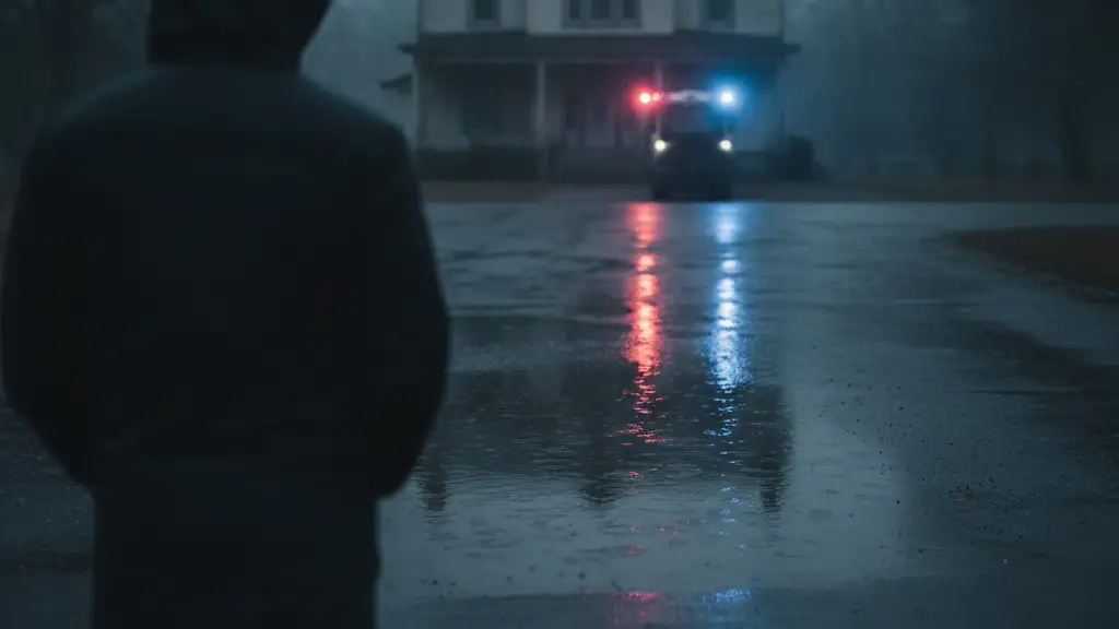 Emergency lights reflecting in a puddle with police tape in foreground, house in distance.
