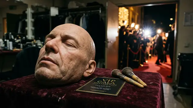 A lifelike silicone prosthetic mask rests on a velvet table near a gala invitation.