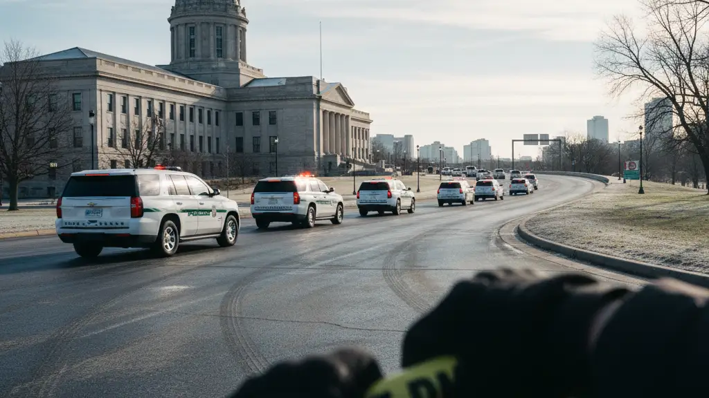 Federal law enforcement vehicles driving away from a government building during a morning drawdown.