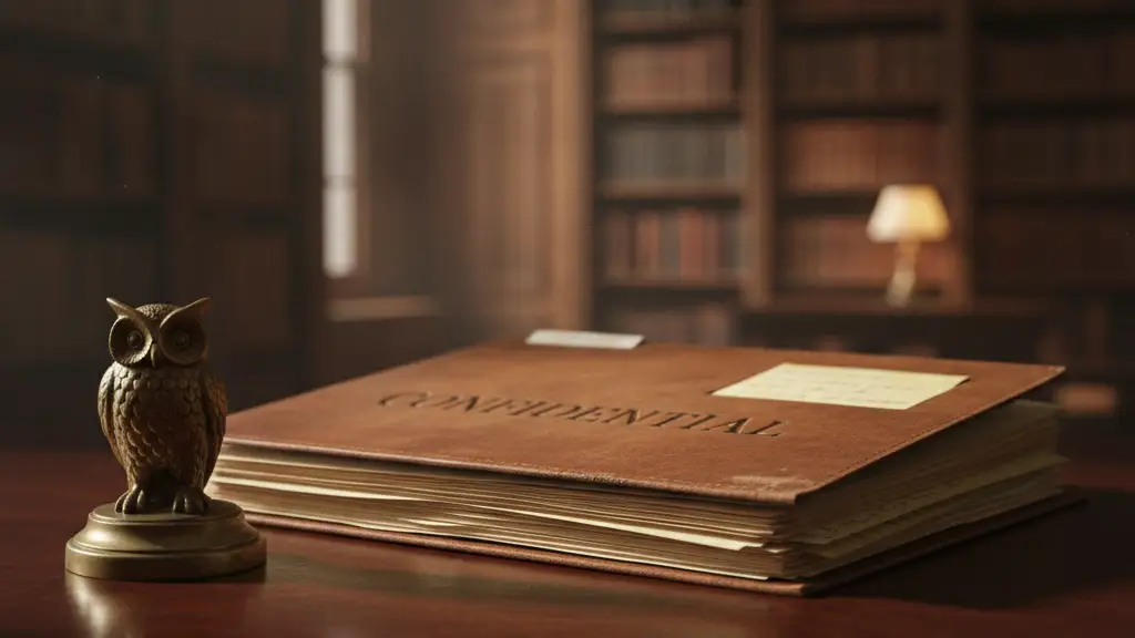 Confidential file folder on a mahogany desk, hinting at an investigation.