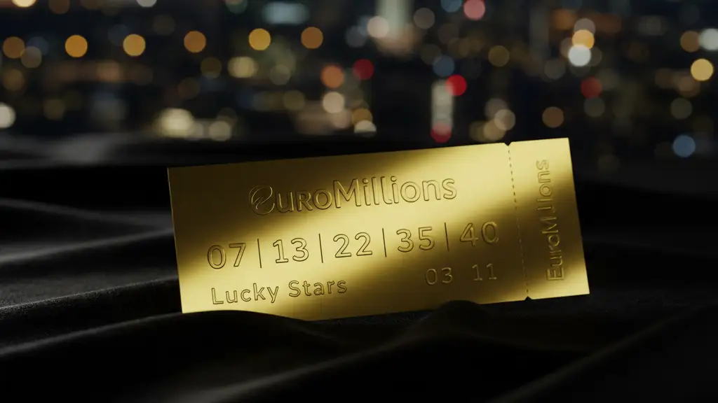 A single EuroMillions lottery ticket illuminated by dramatic light, with a blurred city background.