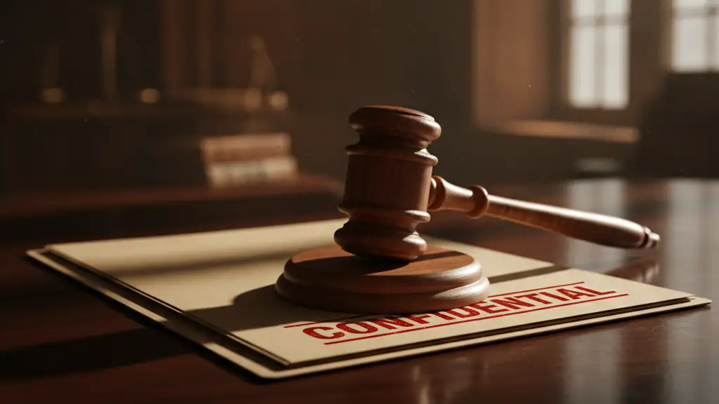 A heavy wooden gavel rests on a dark desk next to a 'CONFIDENTIAL' file.