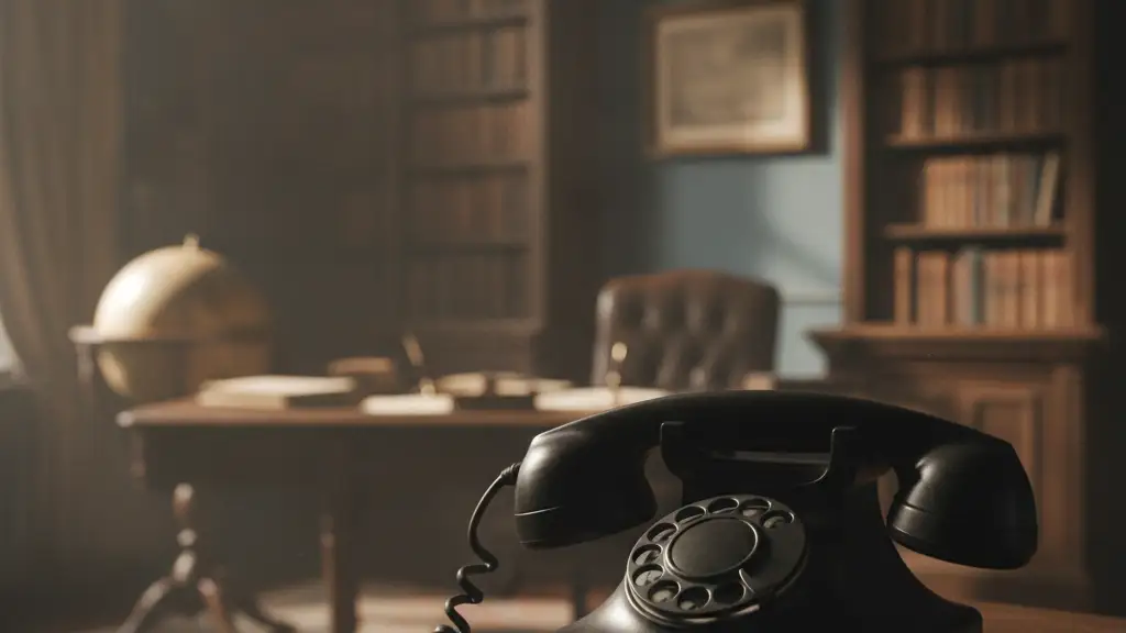 A vintage rotary phone receiver slightly off the hook in a dimly lit office.