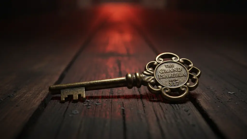 An antique hotel key on a dark, singed surface, reflecting distant emergency lights.