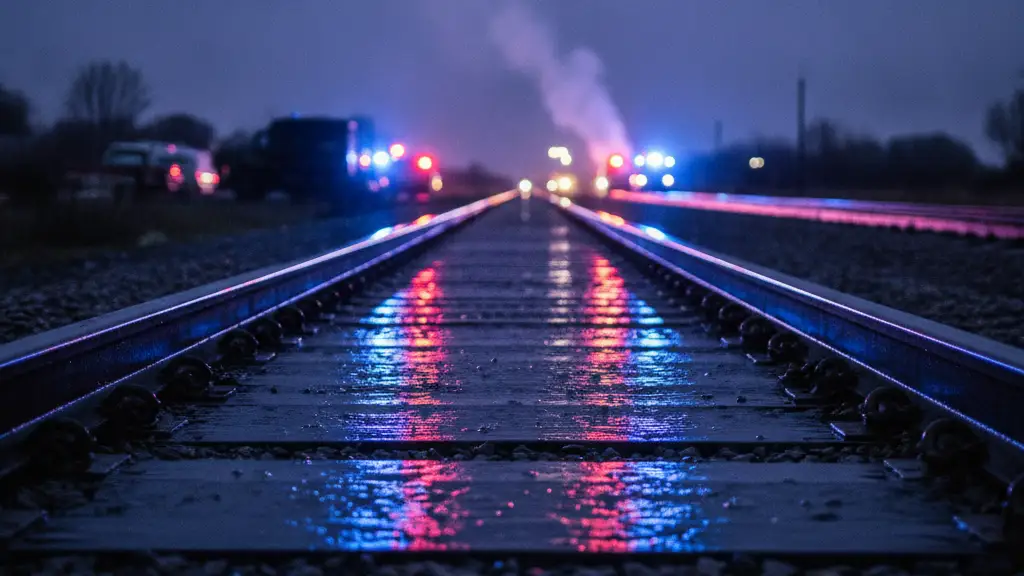 Emergency lights reflecting on wet train tracks at dusk, distant smoke.