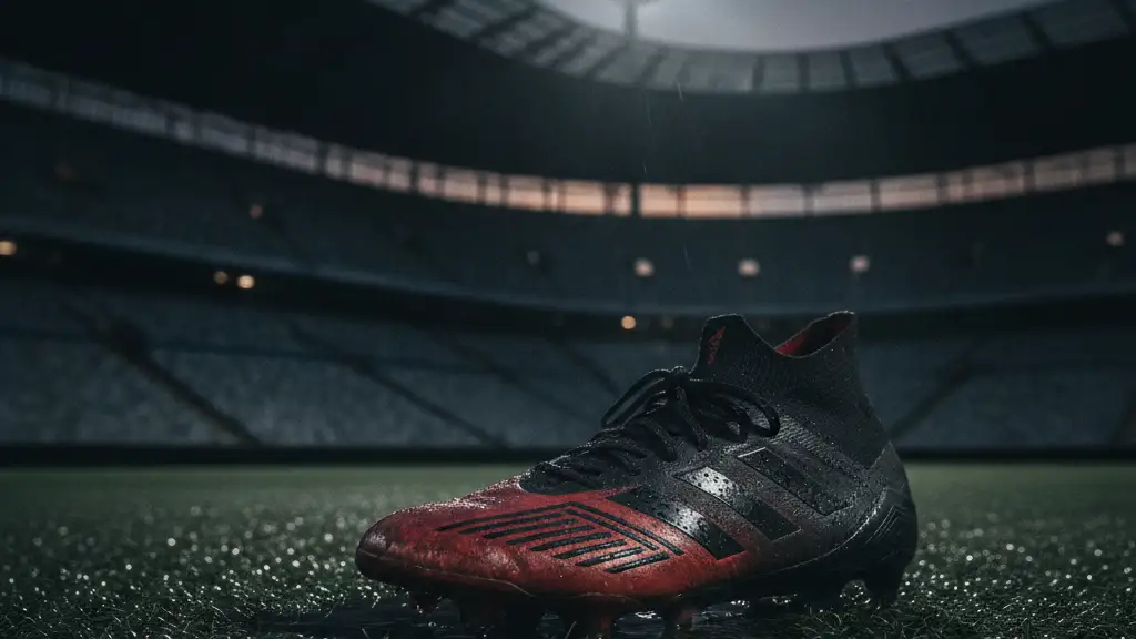 A single football boot on a wet pitch, empty stadium in background.