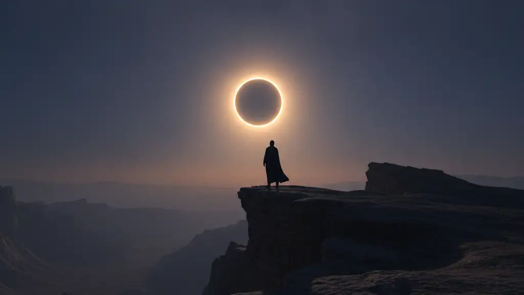 Silhouetted figure on cliff watching a partial solar eclipse.