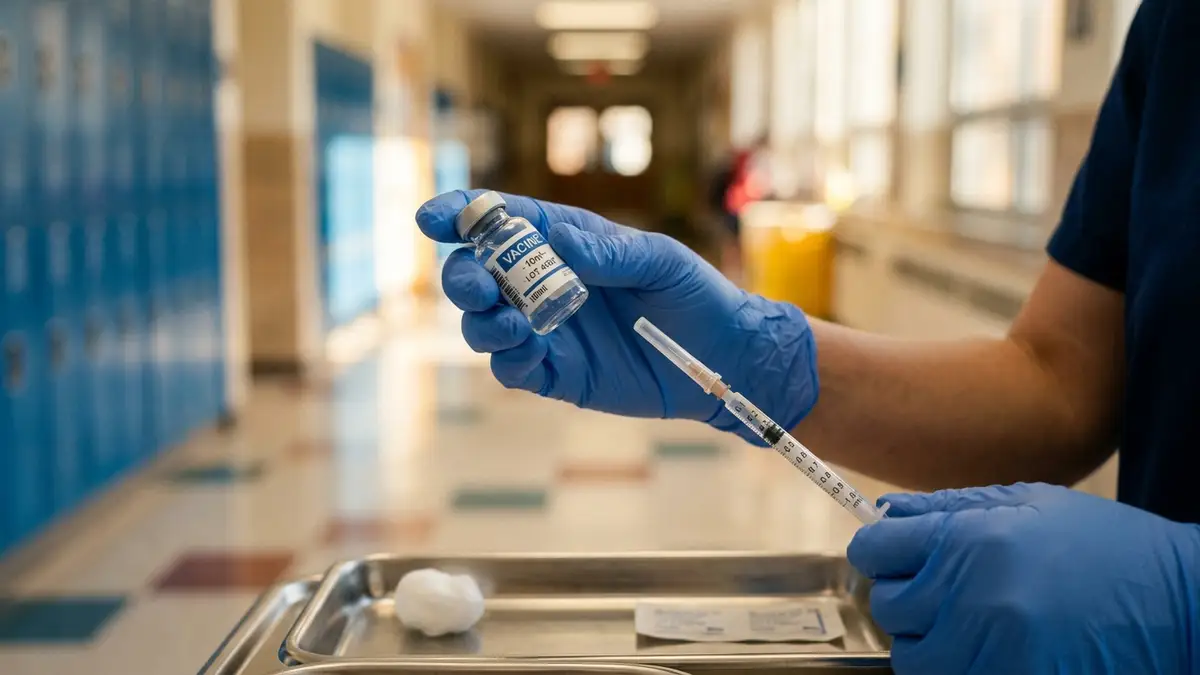 A medical professional's gloved hands preparing a vaccine vial in a blurred school hallway.