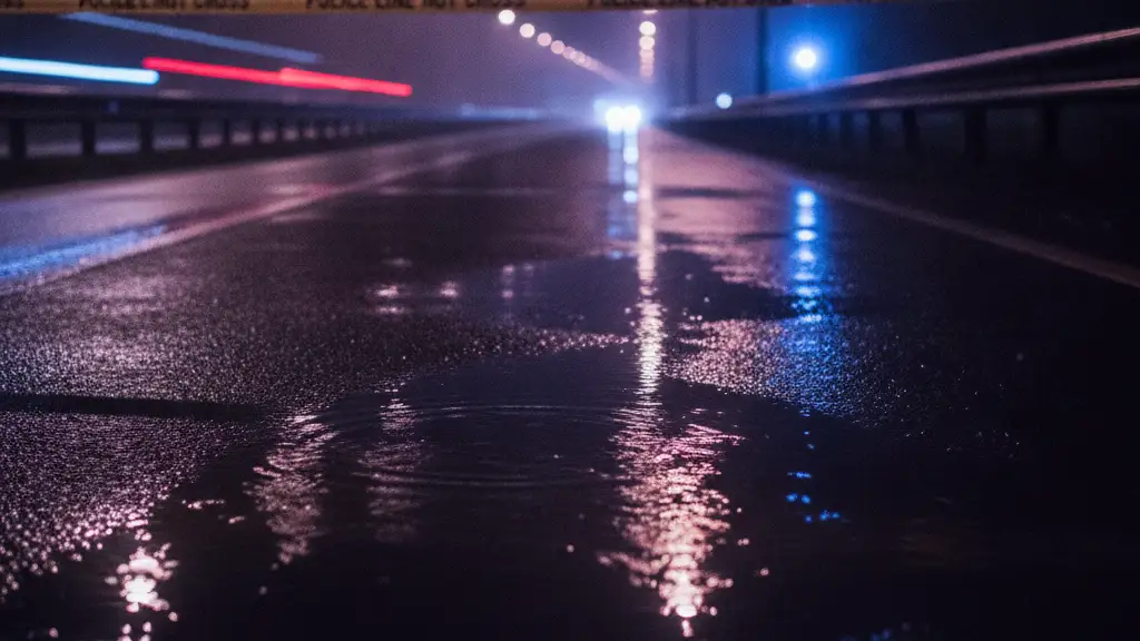 Emergency lights reflecting in a rain puddle on a dark motorway with police tape.