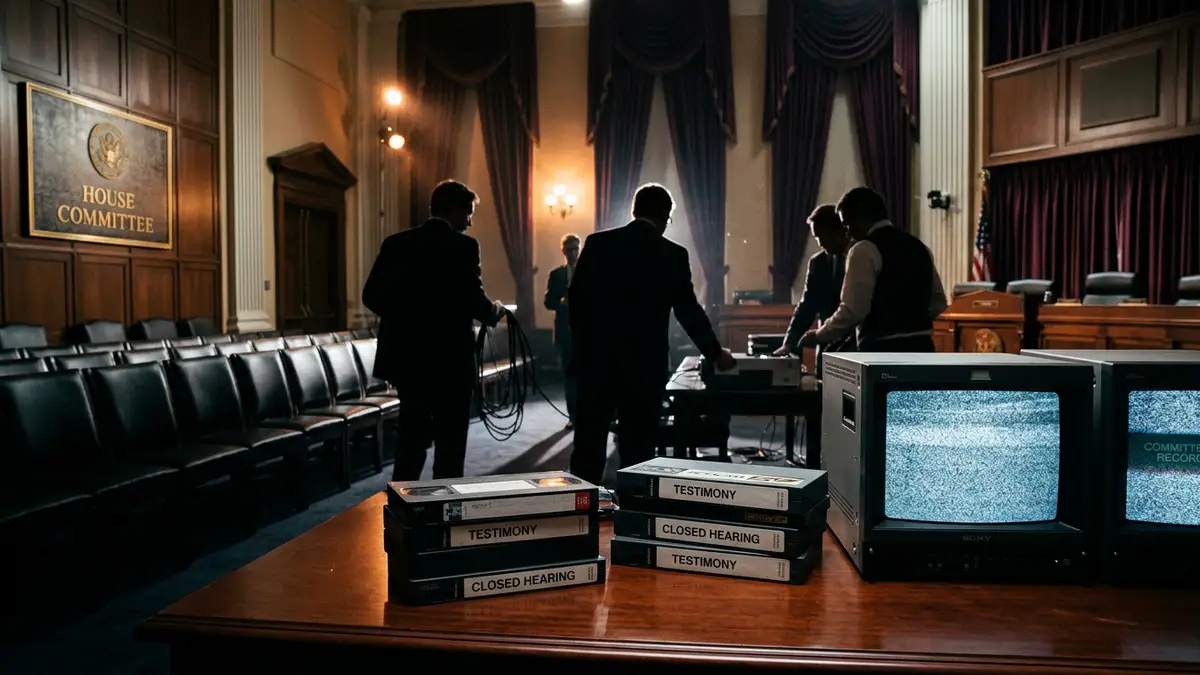 A high-fidelity, photorealistic editorial news image. STRICT RULES: NO human faces, NO identifiable people, NO named likenesses. Use symbolic representation: silhouettes, objects, props, or atmospheric scenes. Focus on environment, textures, and mood rather than people. Subject: House Committee Releases Clinton Testimony Videos Amid Epstein Inquiry. Style: 35mm lens, cinematic lighting, 16:9 aspect ratio, no text or borders.