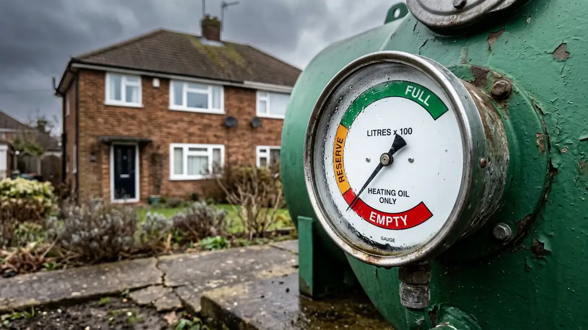 A close-up of a heating oil tank gauge pointing to empty against a cold house.