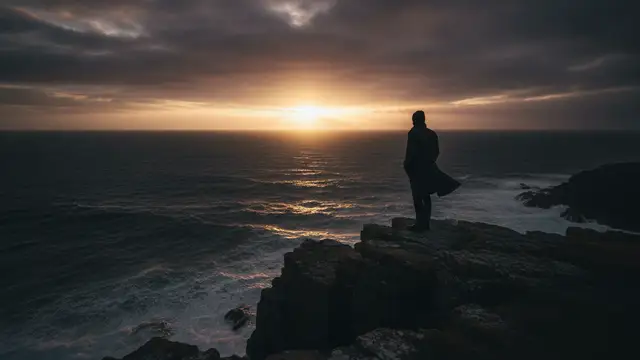 Silhouetted figure on a dramatic cliff overlooking a dark sea at dusk.
