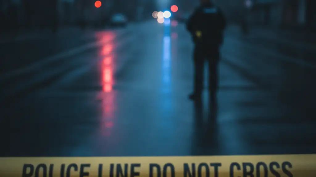 Police tape with blurred emergency lights reflecting on a wet road at night.