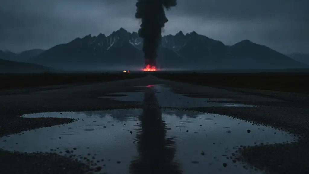 Smoke rising over distant mountains with emergency lights reflecting in a puddle.