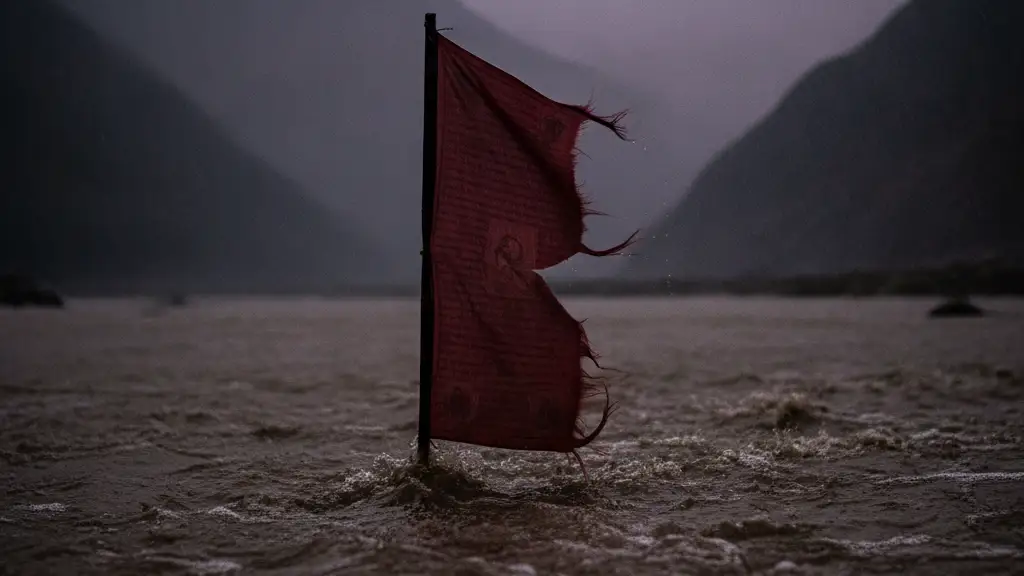 A tattered red prayer flag partially submerged in murky floodwaters in Nepal.