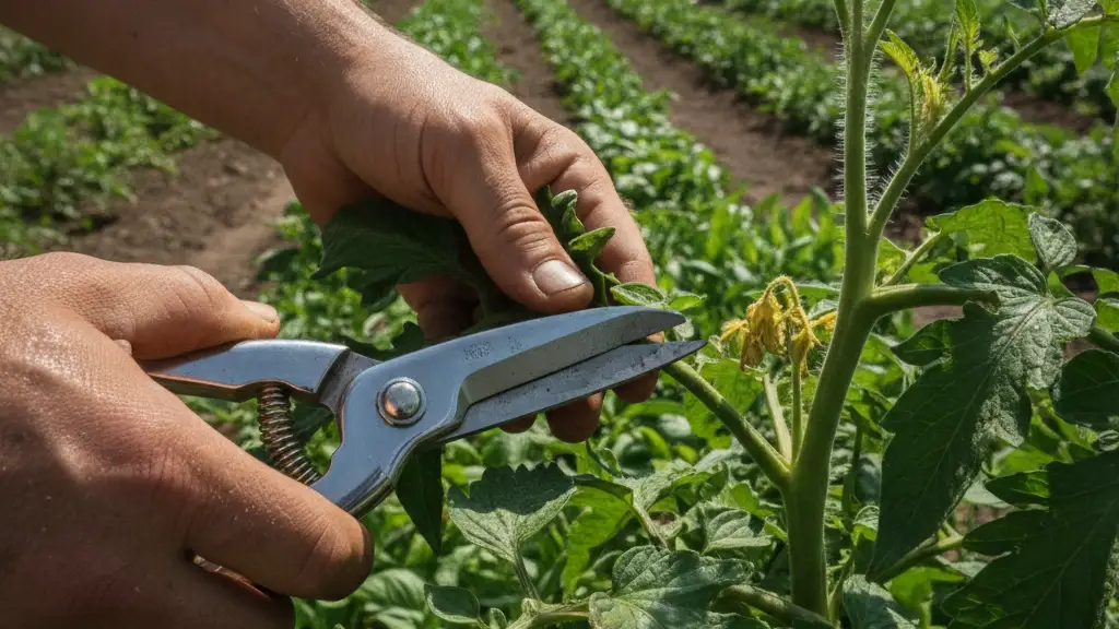 Gardener's hands pruning a tomato plant with secateurs, sunlit leaves.