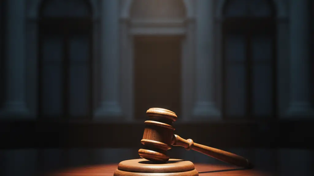 A lone wooden gavel on a polished mahogany desk under a dramatic spotlight.